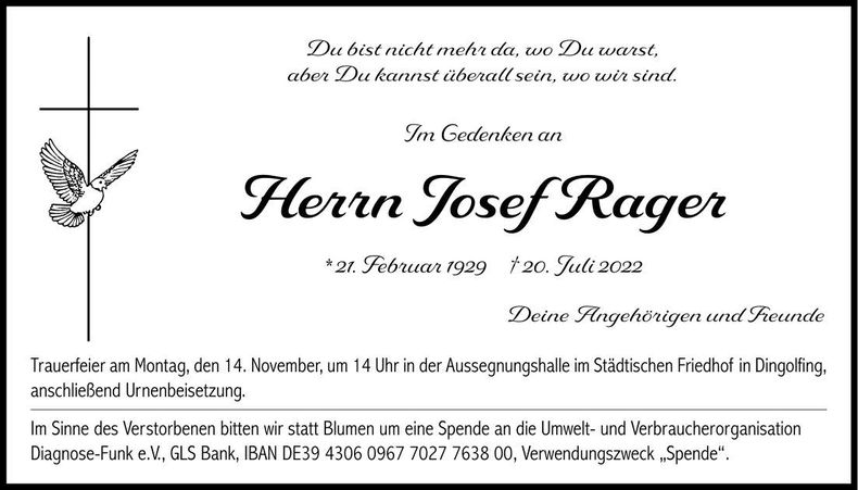 Traueranzeige Josef Rager