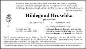 Traueranzeige Hildegund Hruschka