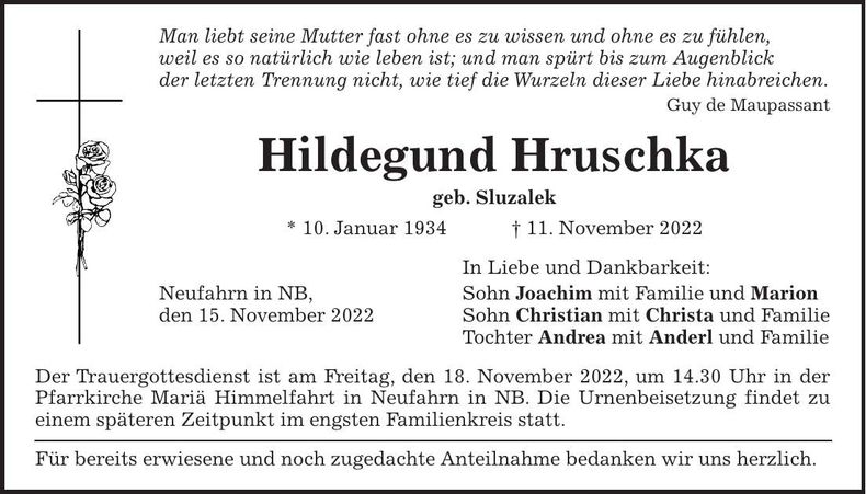 Traueranzeige Hildegund Hruschka