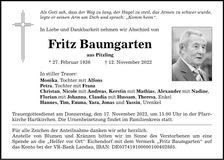 Traueranzeige Fritz Baumgarten