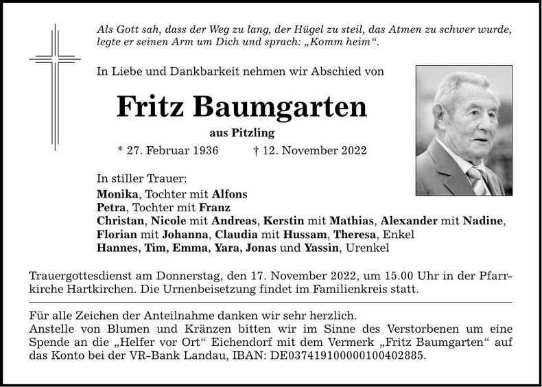 Traueranzeige Fritz Baumgarten