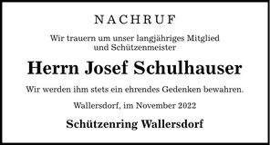 Traueranzeige Josef Schulhauser
