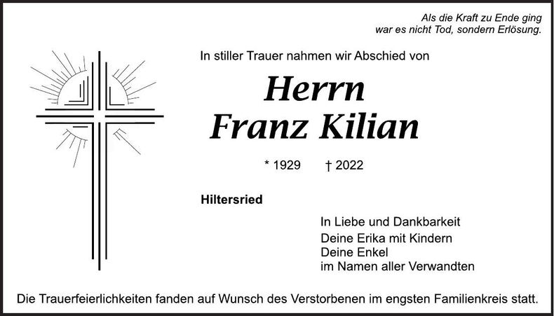 Traueranzeige Franz Kilian