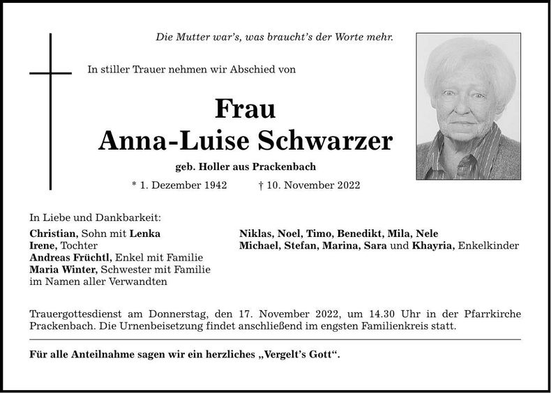 Traueranzeige Anna-Luise Schwarzer