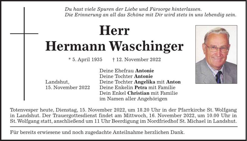Traueranzeige Hermann Waschinger