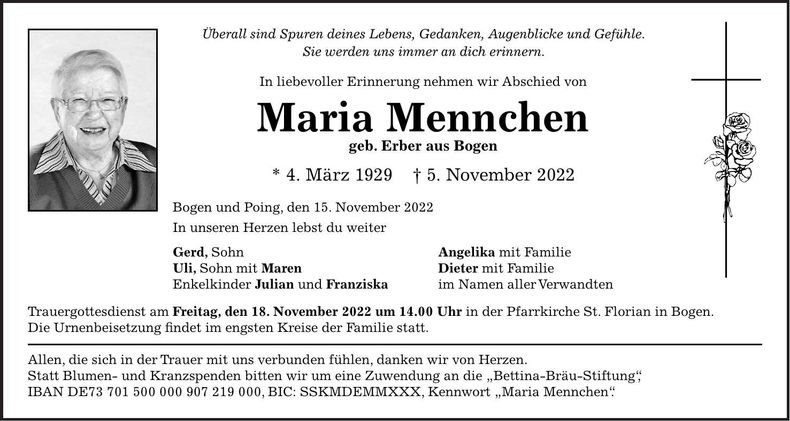 Traueranzeige Maria Mennchen