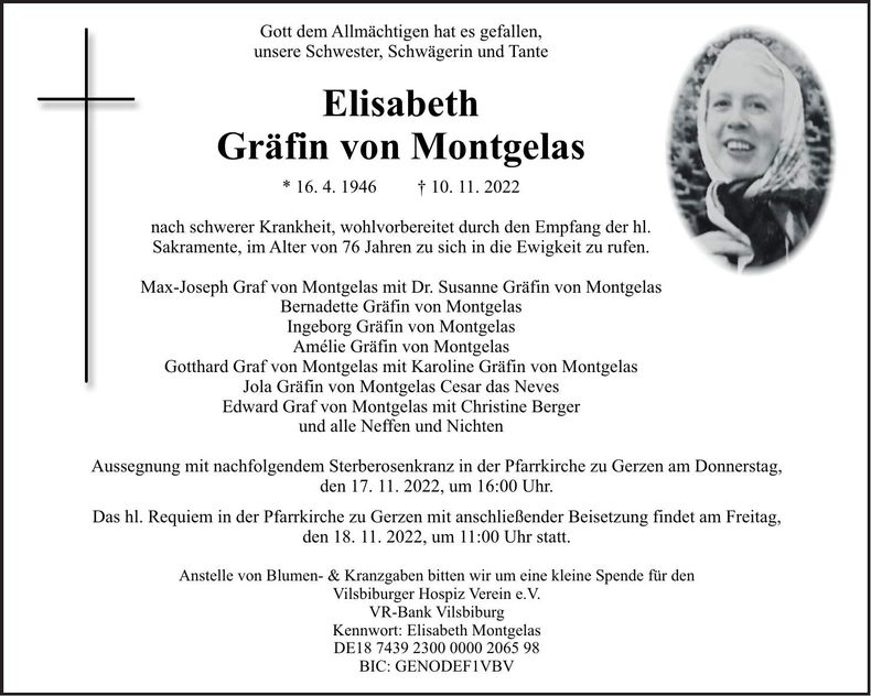 Traueranzeige Elisabeth Gräfin von Montgelas