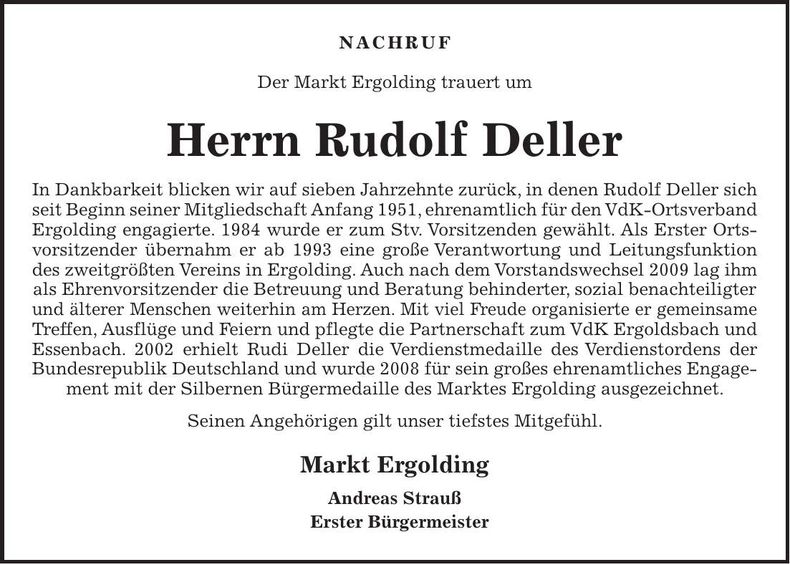 Traueranzeige Rudolf Deller