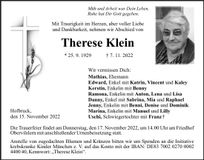 Traueranzeige Therese Klein