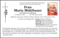 Traueranzeige Maria Mühlbauer
