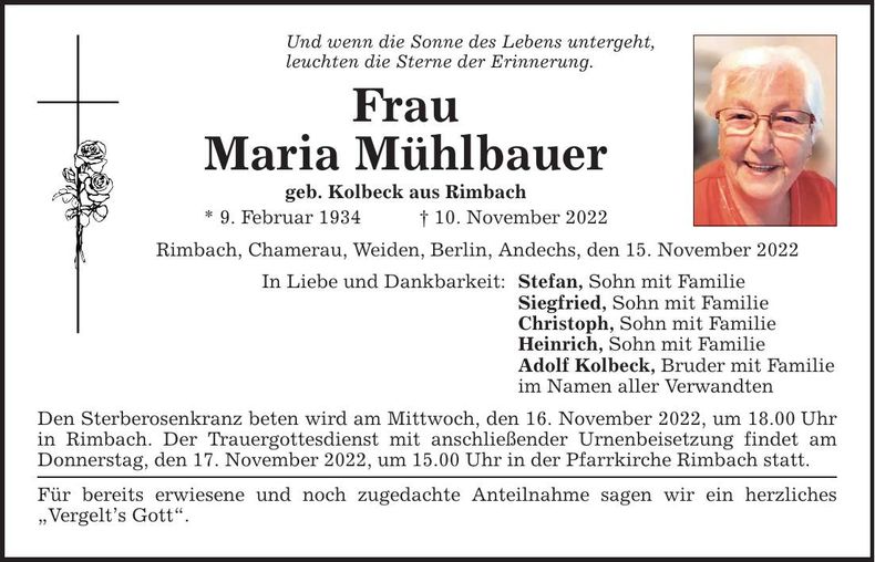 Traueranzeige Maria Mühlbauer
