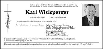 Traueranzeige Karl Wislsperger