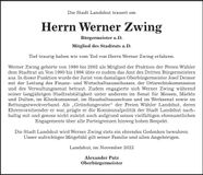 Traueranzeige Werner Zwing