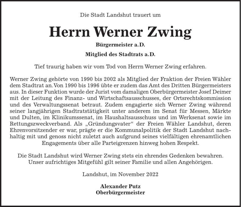 Traueranzeige Werner Zwing