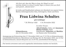 Traueranzeige Lidwina Schultes