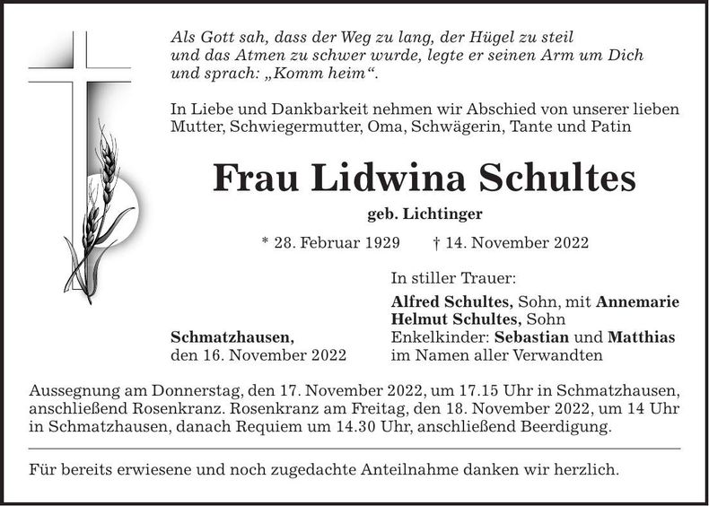 Traueranzeige Lidwina Schultes