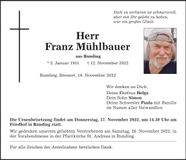 Traueranzeige Franz Mühlbauer