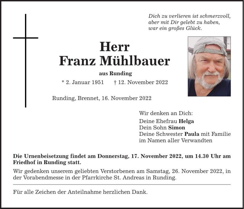 Traueranzeige Franz Mühlbauer