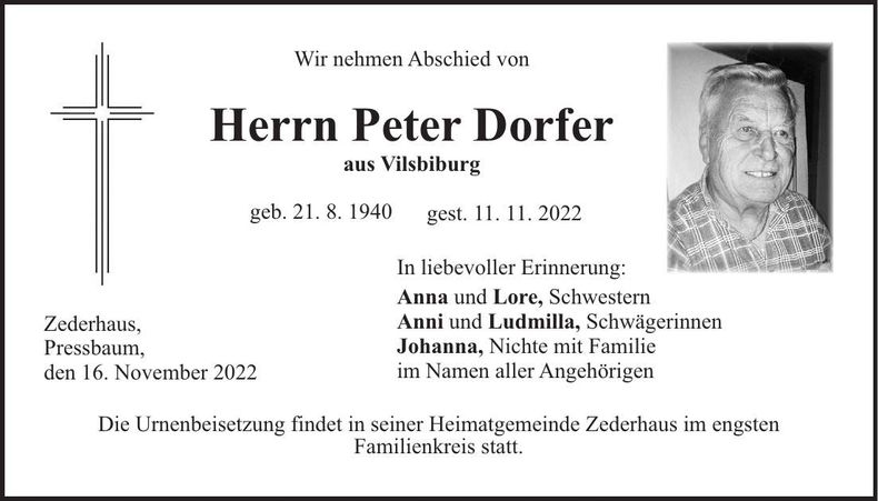 Traueranzeige Peter Dorfer