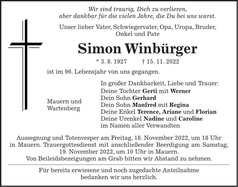 Traueranzeige Simon Winbürger