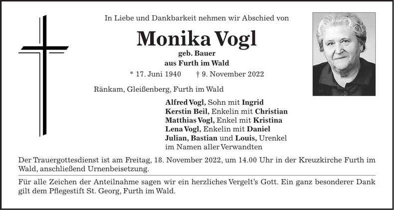 Traueranzeige Monika Vogl