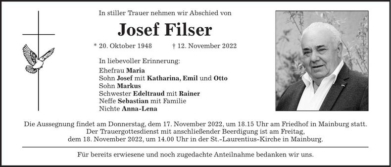 Traueranzeige Josef Filser