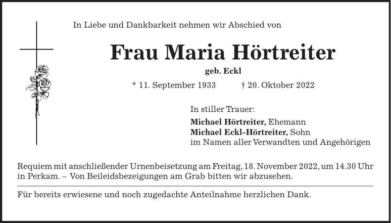 Traueranzeige Maria Hörtreiter