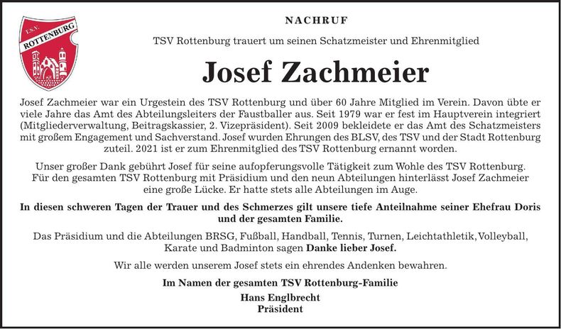 Traueranzeige Josef Zachmeier