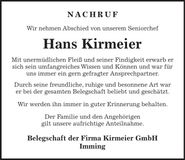 Traueranzeige Hans Kirmeier