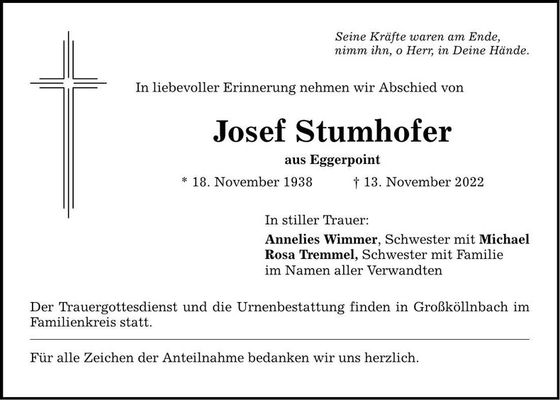 Traueranzeige Josef Stumhofer