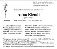 Traueranzeige Anna Kiendl