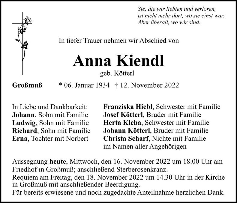 Traueranzeige Anna Kiendl