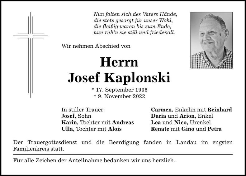 Traueranzeige Josef Kaplonski