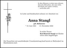 Traueranzeige Anna Stangl