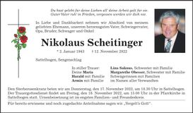 Traueranzeige Nikolaus Scheitinger