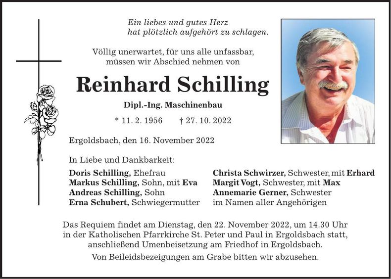 Traueranzeige Reinhard Schilling