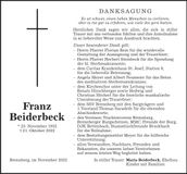 Traueranzeige Franz Beiderbeck