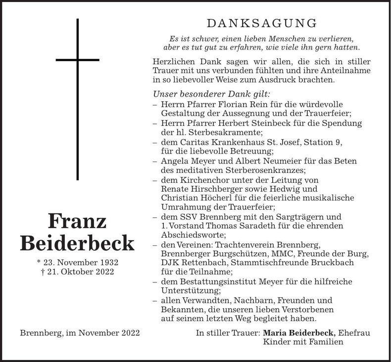 Traueranzeige Franz Beiderbeck
