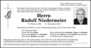 Traueranzeige Rudolf Niedermeier