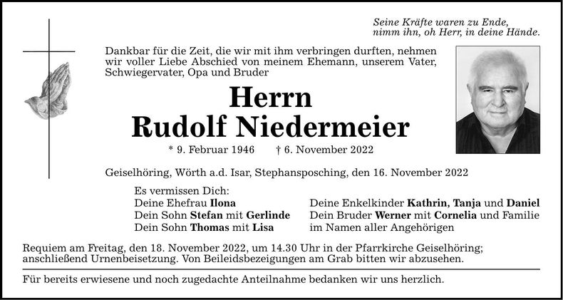 Traueranzeige Rudolf Niedermeier