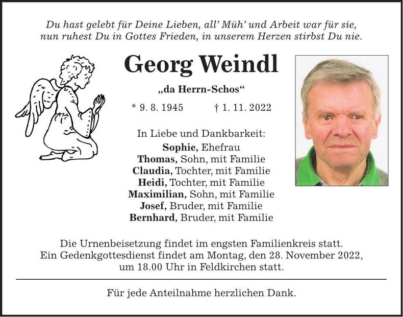 Traueranzeige Georg Weindl