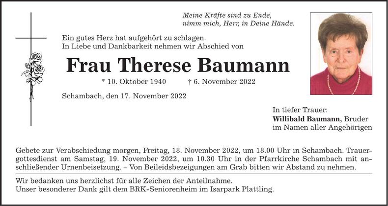 Traueranzeige Therese Baumann