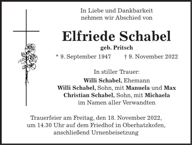 Traueranzeige Elfriede Schabel