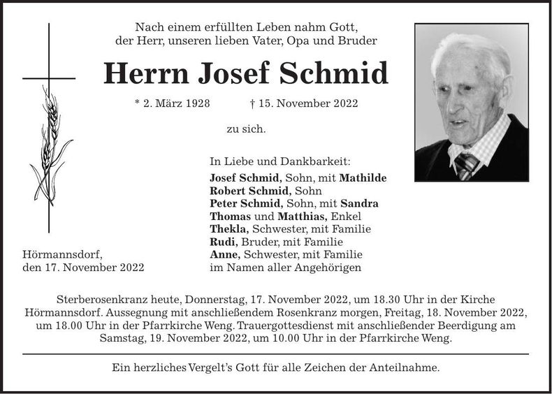 Traueranzeige Josef Schmid