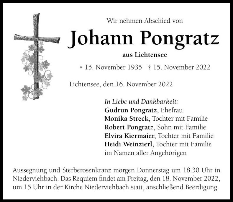 Traueranzeige Johann Pongratz
