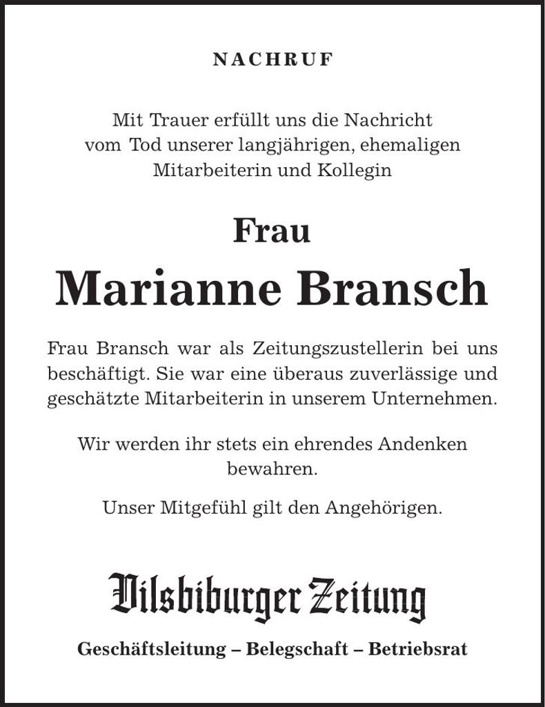 Traueranzeige Marianne Bransch
