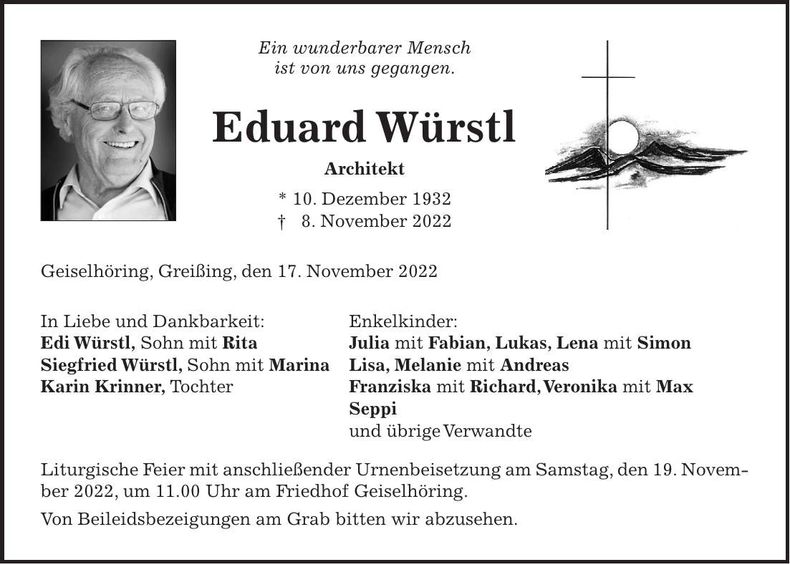Traueranzeige Eduard Würstl