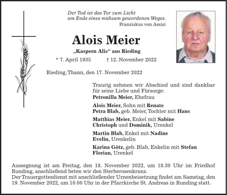 Traueranzeige Alois Meier