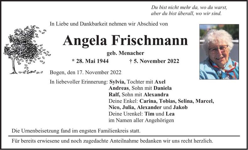 Traueranzeige Angela Frischmann