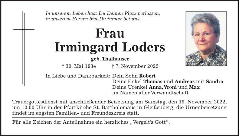 Traueranzeige Irmingard Loders